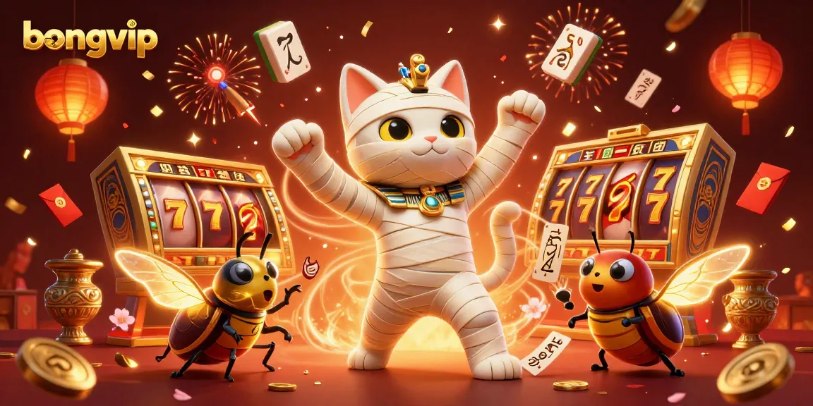 Bongvip welcomes players with an exciting scene of a cartoon mummy cat in a casino.