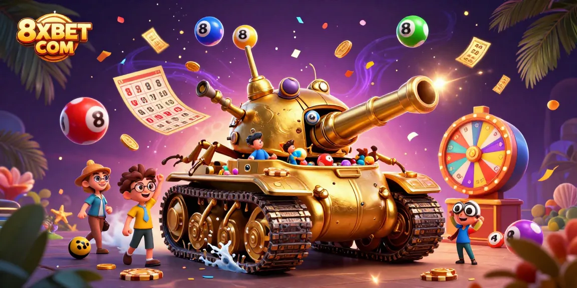 Engage with vibrant games and experiences at 8XBET COM, featuring a whimsical 3D casino scene.