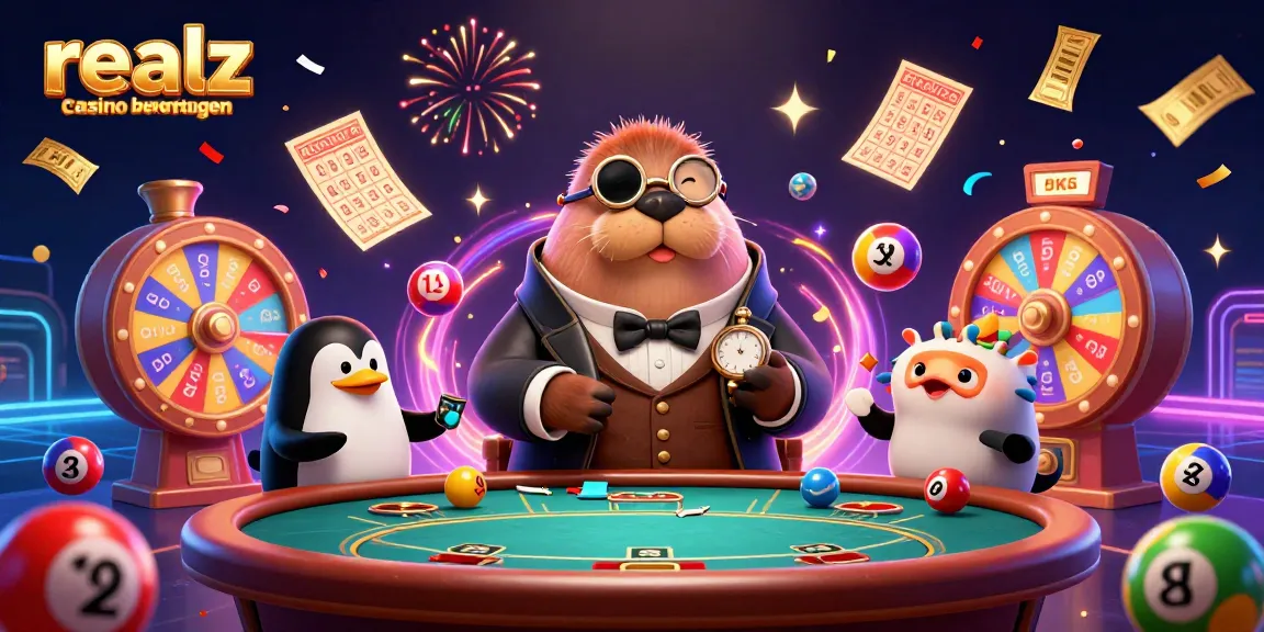 Spiele und gewinne bei realz casino bewertungen mit bunten Lotteriebällen und feierlicher Atmosphäre.