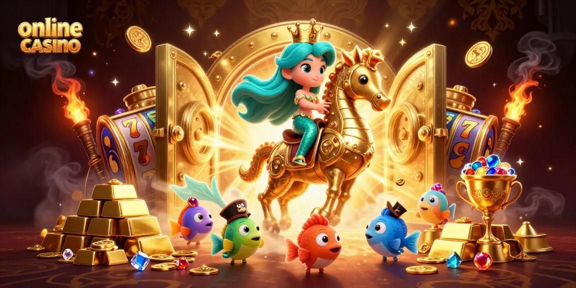 Experience an exciting online casino world with a cartoon mermaid riding a seahorse amid treasures and slot symbols.