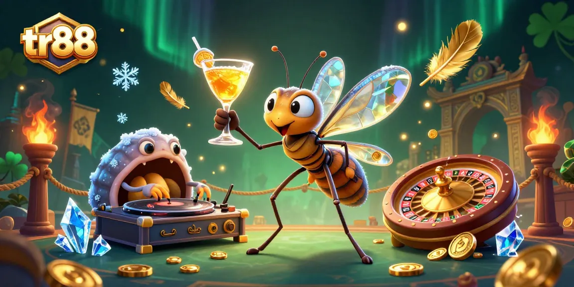 Experience thrilling gameplay with tr88, featuring a unique scene of a casino mascot and DJ amidst a vibrant gambling atmosphere.