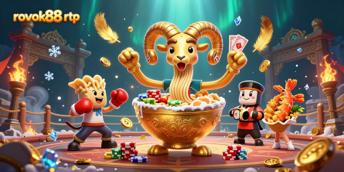Engage with rokok88 rtp as a giant ramen bowl character stacks chips in a vibrant casino scene