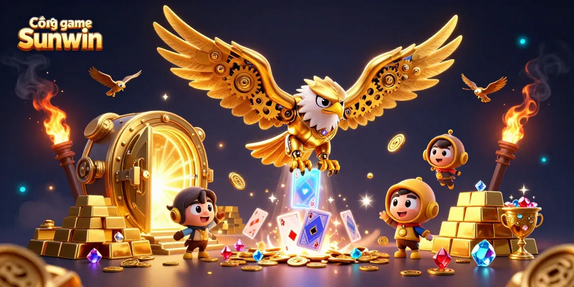 Cổng game Sunwin showcases a cybernetic golden eagle navigating through mesmerizing holographic cards amidst a treasure-filled scene.