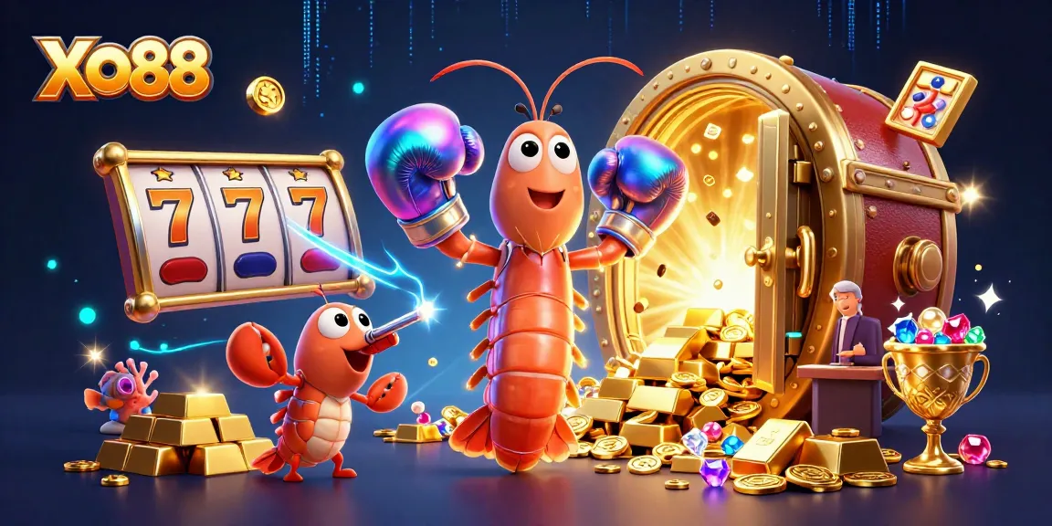 Engage with XO88 slots as the mantis shrimp duo celebrates big wins amidst dazzling treasure.