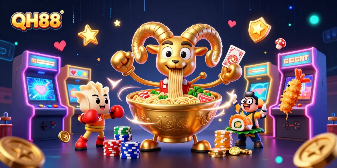 Engage in thrilling games at QH88 with vibrant arcade characters and dynamic casino elements.